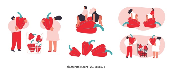 Tiny man and woman with Vegetables, pepper. Vector illustration. Funny colored typography poster, advertising, packaging print design, market, farmers market decoration. Vegetables concept. Isolated. - Shutterstock ID 2075868574