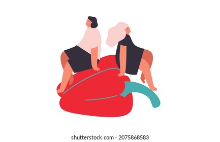 Tiny man and woman with Vegetables, pepper. Vector illustration. Funny colored typography poster, advertising, packaging print design, market, farmers market decoration. Vegetables concept. Isolated.