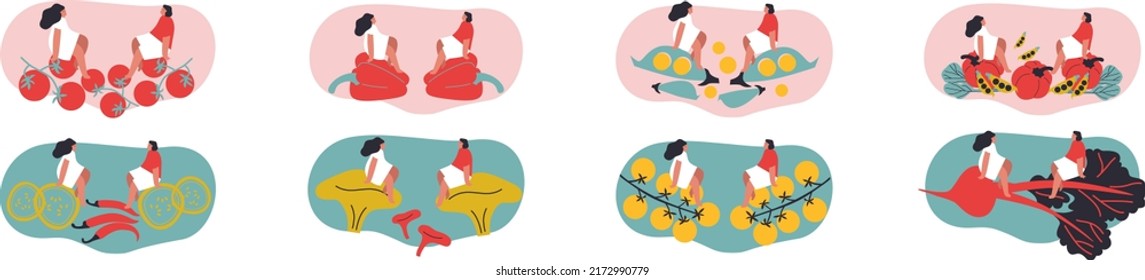 Pequeño hombre y mujer con verduras. Ilustración vectorial. Afiche de tipografía de colores divertidos, publicidad, diseño de impresión de envases, mercado, decoración de mercado de los agricultores. El concepto de verduras de verano. Aislado.