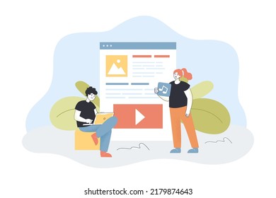 Tiny man and woman watching video and listening to music online. People using laptop and standing at multimedia landing page flat vector illustration. Online multimedia app concept for banner