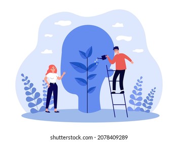 Pequeño hombre y mujer regando la planta dentro de la cabeza abstracta. Soporte para personas en el aprendizaje de ilustraciones vectoriales planas. Crecimiento de la mente, concepto de terapia mental para banner, diseño de sitios web o página web de aterrizaje