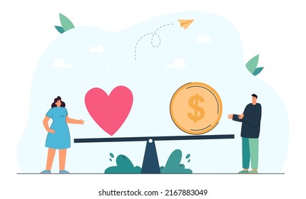 Tiny man and woman weighing heart and coin on scales. Comparing love and money flat vector illustration. Balance, choice, finance, harmony concept for banner, website design or landing web page