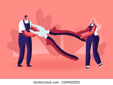 Tiny Man and Woman in Workers Uniform Holding Huge Pliers for Fixing Broken Technics or Repair Works. Husband for Hour, Repair Home Service. Electrician Call Master. Cartoon Flat Vector Illustration