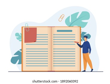 Tiny man writing in huge notebook. Note, book, pencil flat vector illustration. Personal diary and reading concept for banner, website design or landing web page