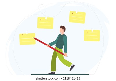 Tiny man writting on paper notes, check list, information, flat vector illustration