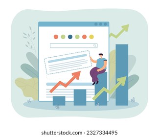 Tiny manager promoting business online vector illustration. Cartoon drawing of growing income chart, man putting advertisement on website. Digital marketing, SMM, technology concept