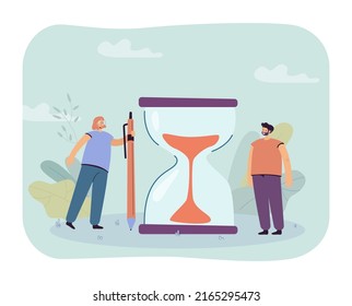 Tiny Manager And Worker Standing Near Huge Hourglass. Woman Holding Big Pen, Sand Glass Flat Vector Illustration. Time Management, Organization Concept For Banner, Website Design Or Landing Web Page