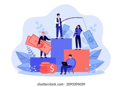 Tiny managers catching money with fishing rod. Growth of profit and wealth for business people flat vector illustration. Opportunity, career concept for banner, website design or landing web page