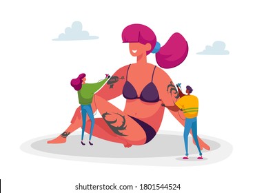 Tiny Master Characters With Professional Equipment Making Tattooing To Huge Woman With Tattooed Body. People Decorating Skin With Painting Adornment. Tattoo Salon Concept. Cartoon Vector Illustration