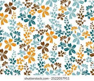 Tiny meadow buttercup flowers endless ornament vector illustration. Millefleurs elegant motif. Rustic chic textile print with flower inflorescences. Forget-me-nots blossom spring print.