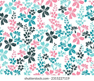 Tiny meadow buttercup flowers repeat pattern vector illustration. Millefleurs beautiful motif. Rustic chic fabric print with flower truss elements. Forget-me-nots bloom summer print.