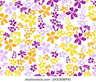 Tiny meadow buttercup flowers seamless ornament vector design. Millefleurs primitive motif. Shabby chic textile print with flower truss elements. Forget-me-nots bloom summer print.