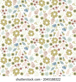 Tiny meadow flowers vintage retro style background seamless pattern texture.