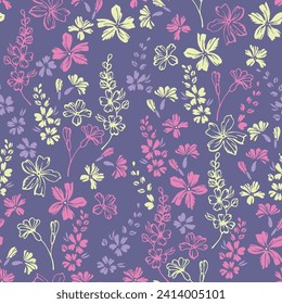 Tiny meadow forget-me-not flowers repeat pattern vector illustration. Ditsy primitive motif. Floral gift wrap print with flower racemes. Forget-me-nots blossom spring print.