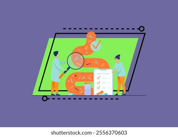 Tiny medical doctors examining gastrointestinal tract and digestive system isolated flat vector illustration. Abstract gut microorganisms and friendly flora. Healthy diet and nutrition concept