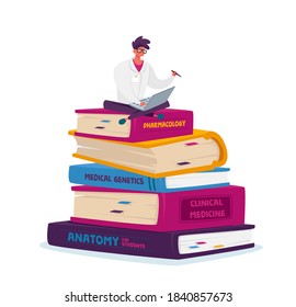 Tiny Medical Intern Male Character in White Robe Work on Laptop Sitting on Huge Books Pile Prepare for Examination, Learning and Studying. Student of Medicine Occupation. Cartoon Vector Illustration