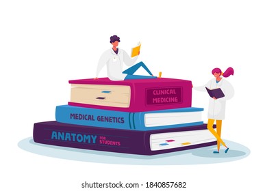 Tiny Medical Interns Characters in White Robe Studying Medicine Disciplines on Read on Huge Books Pile Prepare for Examination. Students Learning Occupation. Cartoon People Vector Illustration