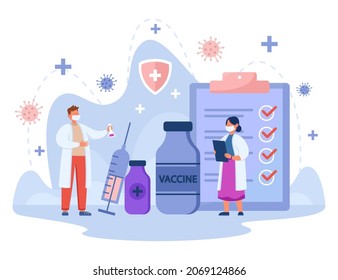 Tiny medical people standing with vaccine bottles and syringe. Doctors offering shot of vaccine, prevention of disease flat vector illustration. Medicine, coronavirus, vaccination, healthcare concept