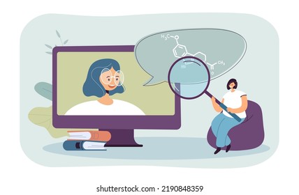 Tiny Medical Professional Watching Webinar About Melatonin. Female Doctor On Big Computer Screen Flat Vector Illustration. Online Education, Medicine, Sleeping Disorder Concept For Banner