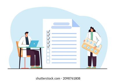 Tiny medical workers with checklist in background. Doctors running medication test using to-do list flat vector illustration. Healthcare concept for banner, website design or landing web page