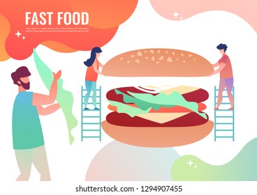 Tiny Men Cook Fast Food, Burger. Vector Illustration In Flat Style.