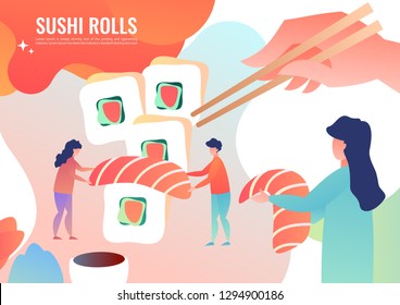 Tiny men cook rolls, Japanese food. Vector illustration in flat style.