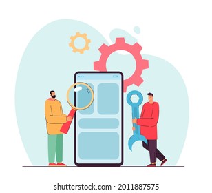 Tiny men doing maintenance on giant smartphone. Flat vector illustration. Men setting up mobile electronic device with magnifying glass, wrench. Software, repair, equipment, technology concept