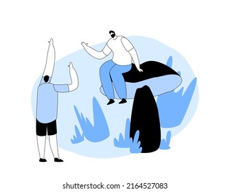 Tiny Men at Huge Fungus, Happy People Walking in Forest, Fall Activity Concept. Male Characters Spend Time Outdoors in Autumn Season, Pick Up Mushrooms. Cartoon Vector Illustration