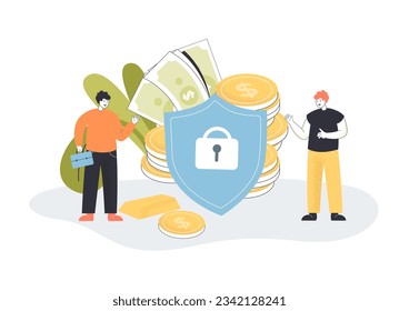 Pequeños hombres con un gran escudo protegiendo la ilustración del vector del dinero. Dibujo de caricaturas de billetes y monedas, seguridad de las finanzas personales, banca o billetera digital. Finanzas, concepto de seguridad