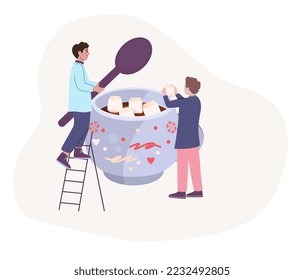 Tiny men making delicious coffee with marshmallows. Hot drink concept. Coffee time. Flat vector illustration.