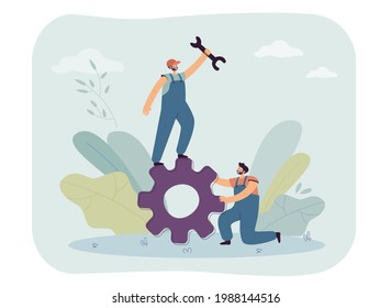 Tiny men repairing vector illustration. Male character with wrench standing on cogwheel, his colleague holding it, helping. Repairing, teamwork concept for banner, website design, landing web page