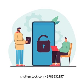 Tiny men using modern devices. Two male characters with laptop and tablet. Sitting, talking, unlocking smartphone. Modern technologies concept for banner, website design or landing web page