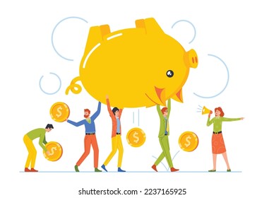 Tiny Men And Women Carry Huge Piggy Bank With Coins Falling Down. Concept Of Money Loss, Improper Distribution Of Funds and Savings, Financial Bankruptcy Of Company. Cartoon People Vector Illustration