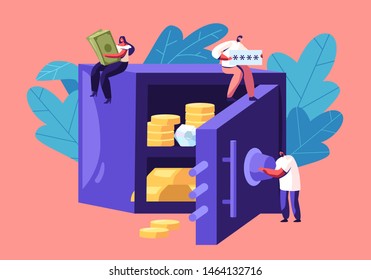 Tiny Men and Women Characters Holding Huge Golden Bills, Password around of Bank Safe Full of Money and Diamonds. Business People Making Investment and Cash Safety, Cartoon Flat Vector Illustration