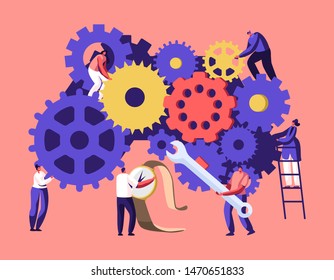 Tiny Men and Women Characters on Ladders with Repair Tools and Instruments Fixing Broken Clocks and Watches. Huge Mechanism Made of Gears and Cogwheels, Time Concept. Cartoon Flat Vector Illustration