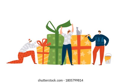 Tiny men and women decorating Christmas or New Year gifts, mini people, group of friends or family, and cat are preparing for new year celebration - vector colorful flat cartoon characters