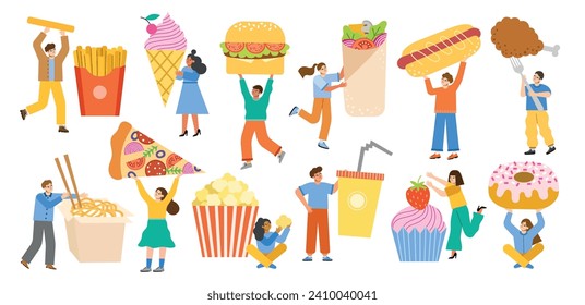 Tiny men and women eat fast food. Funny little people with calorie meal, french fries, pizza and burger, unhealthy products, vector set.eps
