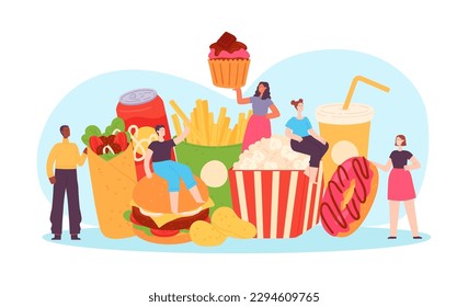 Tiny men and women enjoy fast food. Vector of woman and man with fast food, sandwich and junk, soda and potato illustration