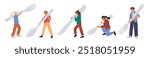 Tiny men and women hold tableware. Happy people with large spoons, forks or knife. Kitchen utensils. Dining cutlery. Persons carrying big silverware. Cartoon characters