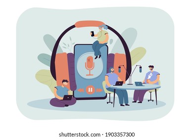Tiny men and women listening to radio or broadcasting flat vector illustration. Cartoon people near huge smartphone with headset. Online education and podcast concept