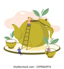 Tiny Men And Women Prepare To Drink Tea. Stair Climber Pouring Tea Into Teapot. People Are Chatting, Take A Break. Flat Vector Illustration.