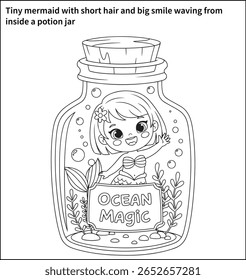 A tiny mermaid with short hair and a big smile waving from inside a potion jar labeled ‘Ocean Magic,’ filled with bubbles and leafy sea plants—for early childhood coloring fun.