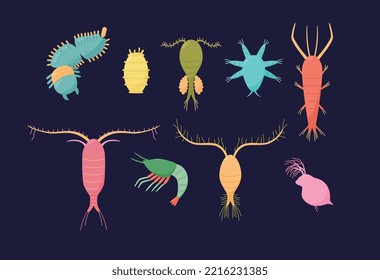 Tiny microscopic marine zooplankton crustaceans and organisms set, flat cartoon vector illustration isolated on dark background. Bright vibrant colors plankton set.