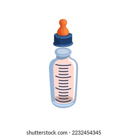 Tiny milk bottle for children cartoon illustration. Cute baby food or product isolated on white background. Complementary food, nutrition concept.