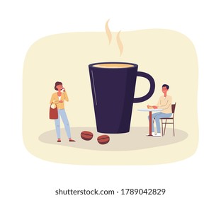 Tiny modern people characters near coffee mug, flat vector illustration isolated on white background. Banner design for coffee shop or cafeteria with cup.