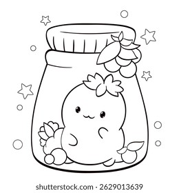 Tiny monster with berries in glass bottle. Color the picture with cute monster. Vector colouring page with cartoon baby monster for children. Educational Game for Kids. Drawing for Preschool children