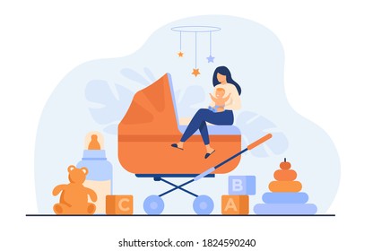 Tiny mother or babysitter holding baby and sitting on carriage isolated flat vector illustration. Cartoon newborn smiling on woman hands. Nanny occupation. Family and nursery concept