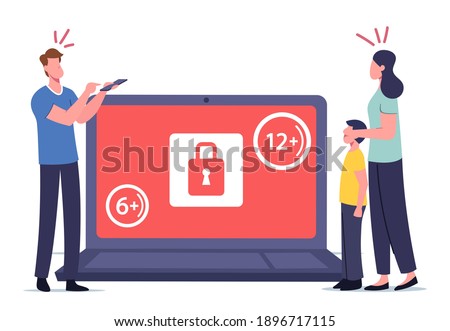 Tiny Mother Cover Eyes of Son at Huge Laptop with Adult Content Restriction Inappropriate Video. 18 Age Restriction Notification. Characters Shocked Movie. Cartoon People Vector Illustration