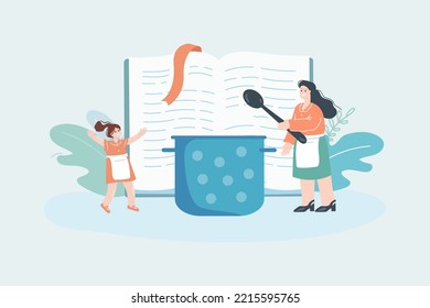 Tiny mother and daughter cooking together using huge recipe book. Woman and little girl next to big pot flat vector illustration. Family, cooking concept for banner, website design or landing web page