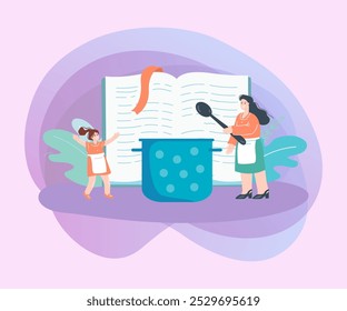 Tiny mother and daughter cooking together using huge recipe book. Woman and little girl next to big pot flat vector illustration. Family, cooking concept for banner, website design or landing web page